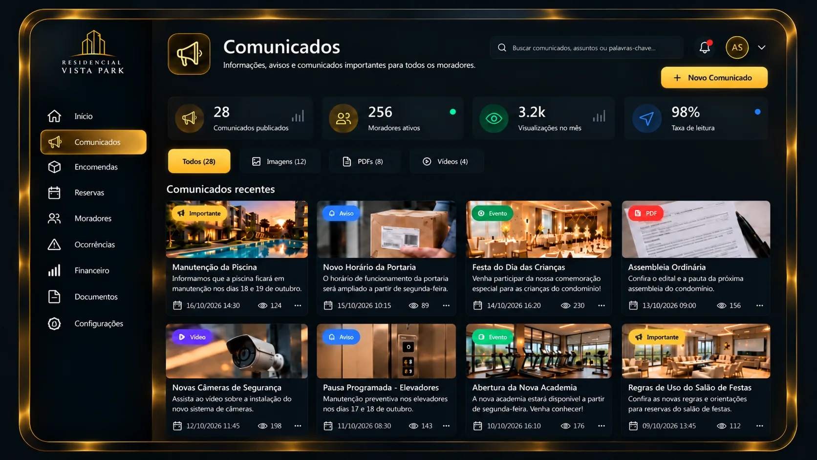 Painel ilustrativo do módulo Comunicados no Síndico360